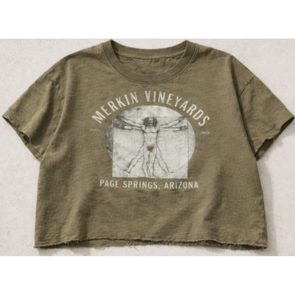 MERKIN VINEYARDS CROP TOP XL OLIVE DA VINCI GRAPHIC Y2K
